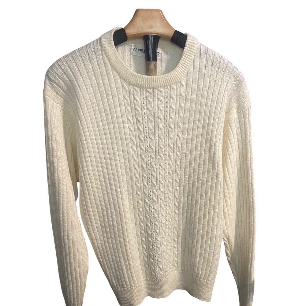 Alfred Dunner Cream White Cable Knit Ribbed Crewneck Sweater Womens Long Sleeve